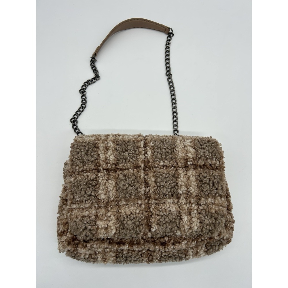 Zara Quilted Faux Shearling Plaid Flap Crossbody Bag Brown Teddy Sherpa Purse